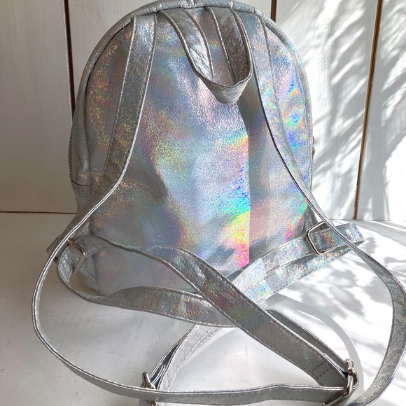 Mini Backpack Metallic Silver Bag Purse - Picture 3 of 10